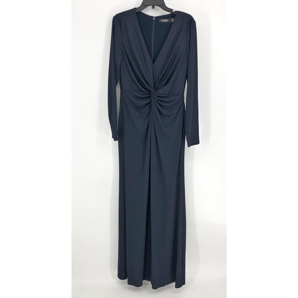 LAUREN RALPH LAUREN Evening Gown 12 Navy Blue V-Neck Maxi Dress Knot Front NWT - Picture 3 of 9